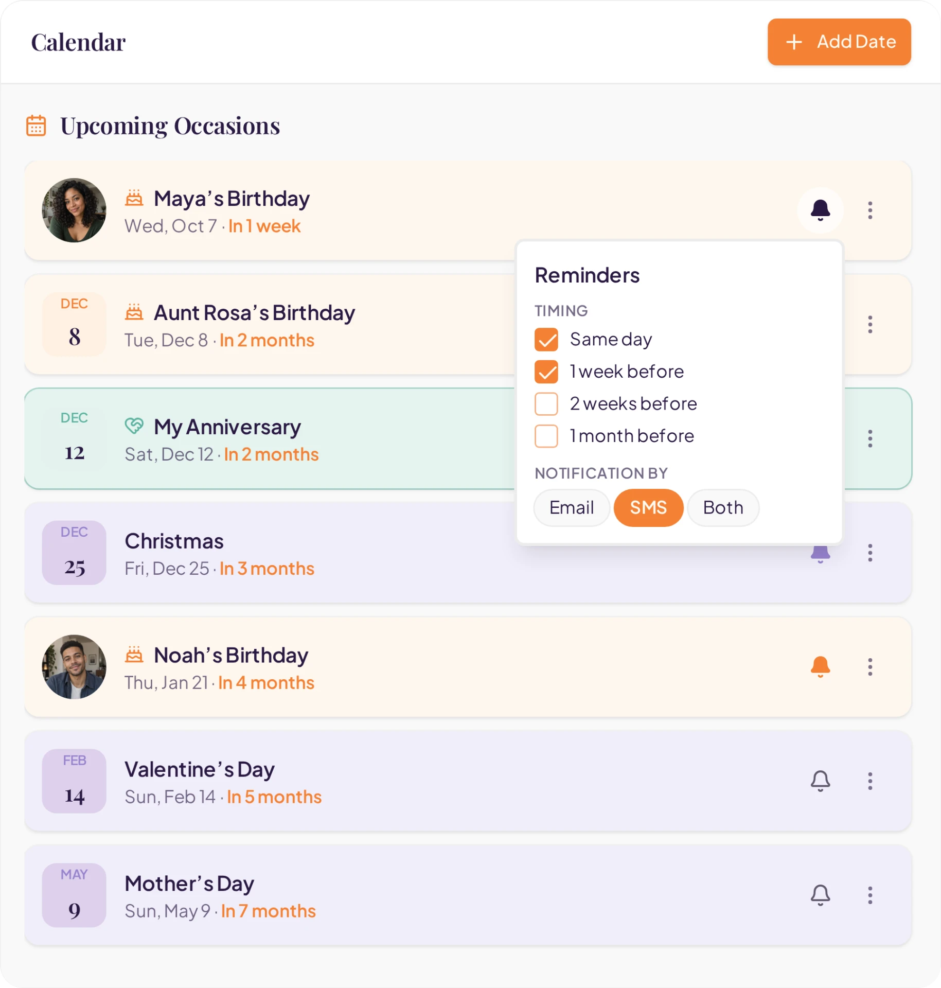 Upcoming occasions and reminder settings